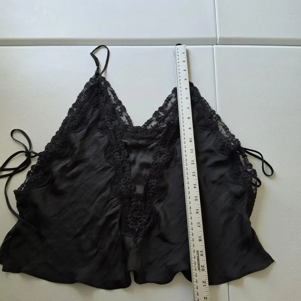 Free People Camisole Womens Medium Black Satin Lace Trim Side Tie Crop Top